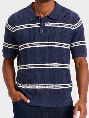 Goodfellow & Co Mens XXL Polo Collar Sweater Blue Stripe Cable Knit Short Sleeve